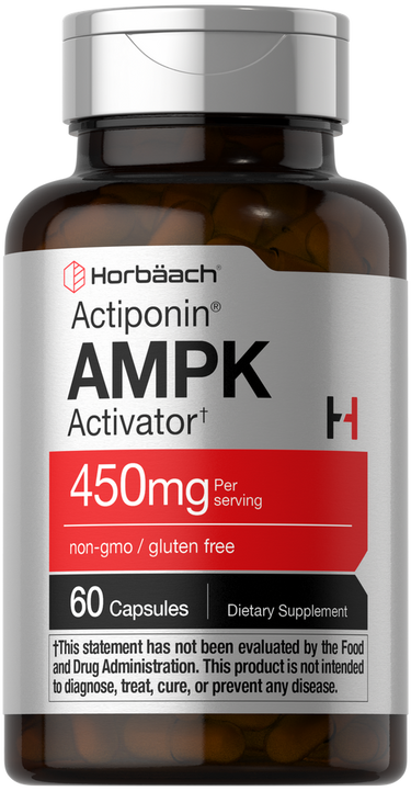 View 1 Supplement bottle labeled 'Horbaach Actiponin AMPK Activator' with 450mg per serving on a white background.