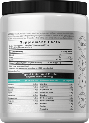 Supplement container with detailed nutritional information and amino acid profile.