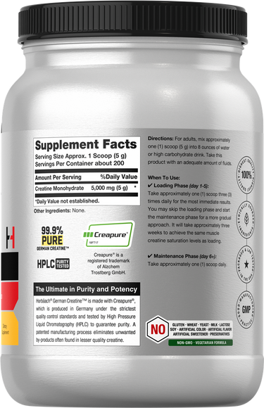 Supplement container with label detailing ingredients and usage instructions.