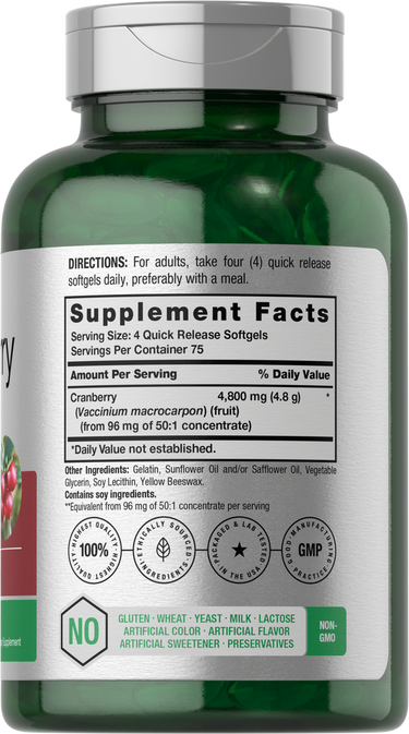 Green supplement bottle with label showing cranberry content.