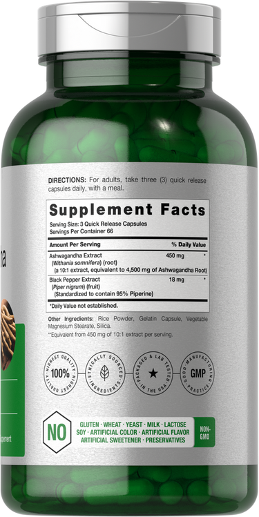 View 2 Green supplement bottle with label showing details and branding.