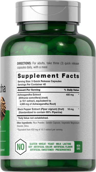 View 2 Green supplement bottle with label showing details and directions.