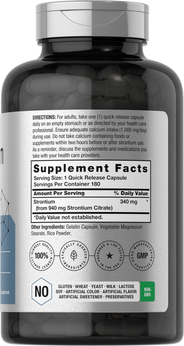 Supplement bottle with label showing 'Supplement Facts' and various certification logos.