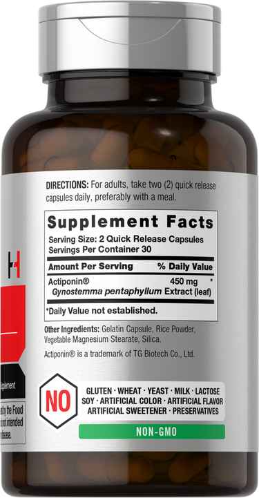 Supplement bottle with label showing directions and ingredients.