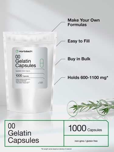 View 2 HoribaL 00 Gelatin Capsules packaging with text highlighting features on a white background