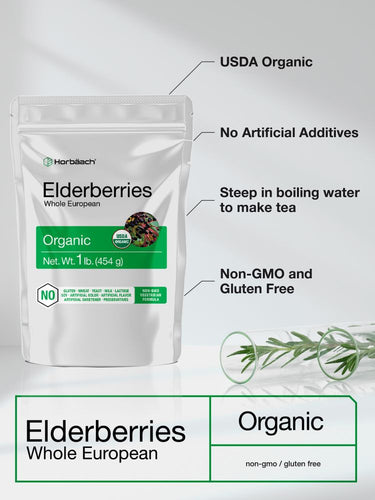 View 2 Package of Organic Elderberries with branding and product details on a white background