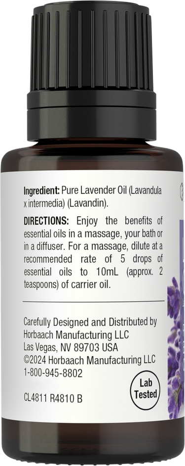 Bottle of pure lavender oil with label and directions.