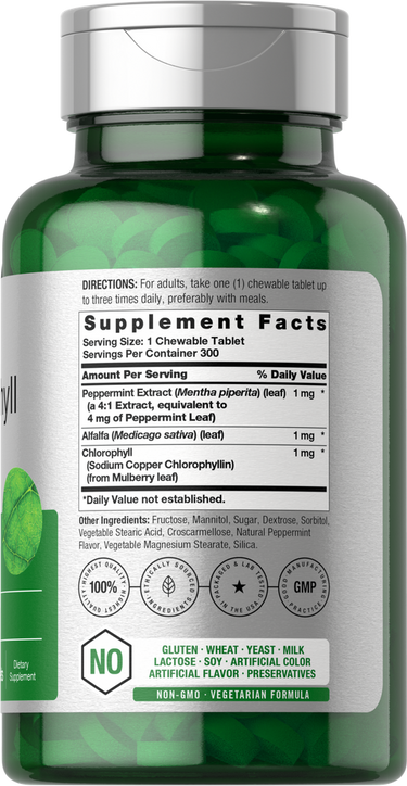 Green supplement bottle with label showing 'Supplement Facts' and 'Directions'.