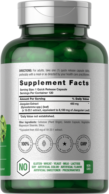 View 2 Green supplement bottle with label showing 'Supplement Facts' section.