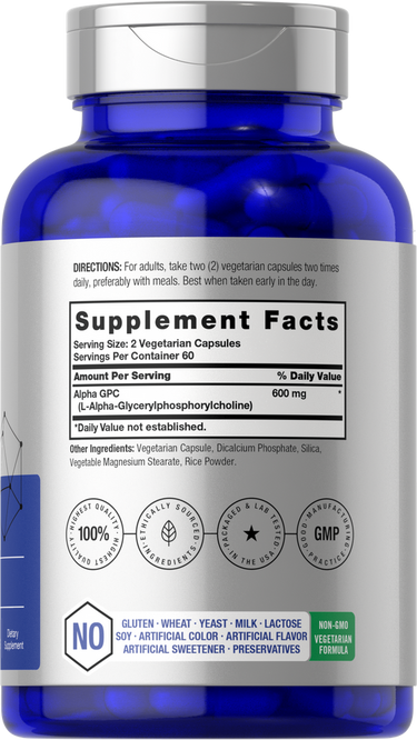 Blue supplement bottle with label showing 'Supplement Facts' and certification logos.