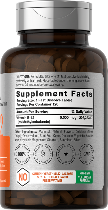 Supplement bottle with label showing vitamin B-12 content.