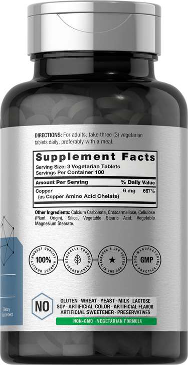 Supplement bottle with label showing details and icons.