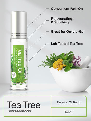 Tea tree essential oil roll-on with a mortar and pestle and tea tree leaves on a light gray background.