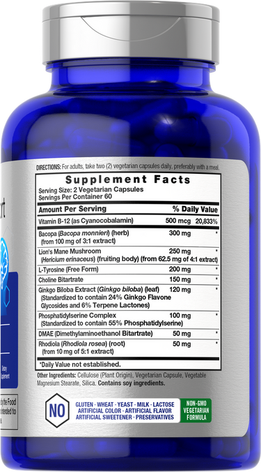 Supplement bottle with label showing 'Supplement Facts' on a blue background