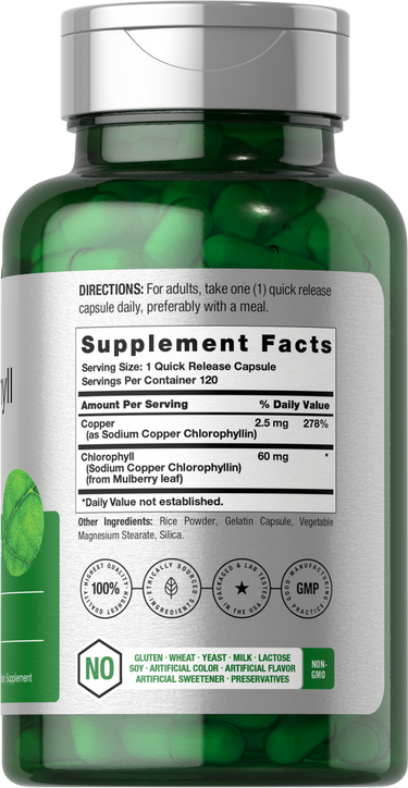 View 2 Green supplement bottle with label showing supplement facts.