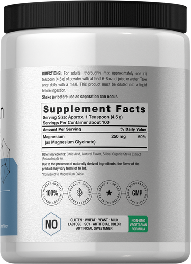 Supplement container with label showing supplement facts and icons.