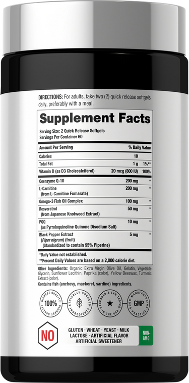 View 2 Supplement Facts panel for Coq10 PQQ L Carni 410 mg, 120 Softgels, showing nutritional information.
