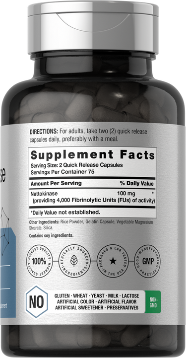 Supplement bottle with label showing details and icons.