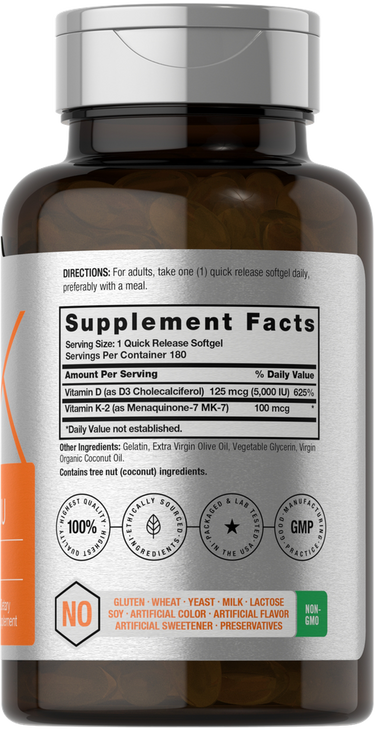 Supplement bottle with label showing 'Supplement Facts' and various certification logos.