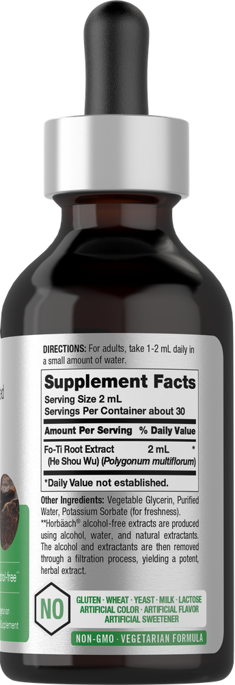 View 2 Supplement bottle with dropper labeled 'He Shou Wu' on a black background