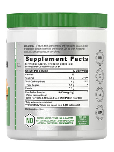 Supplement container with green lid and white body displaying supplement facts.