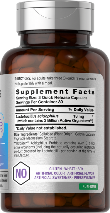 Supplement bottle with label showing 'Lactobacillus acidophilus' on a white background