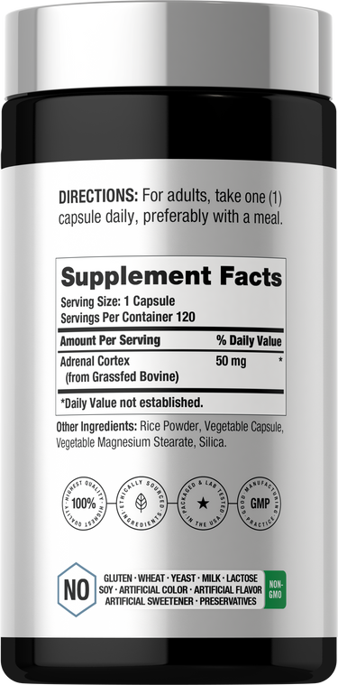 View 2 Supplement Facts panel detailing information for CL Adrenal Cortex 120 Capsules.