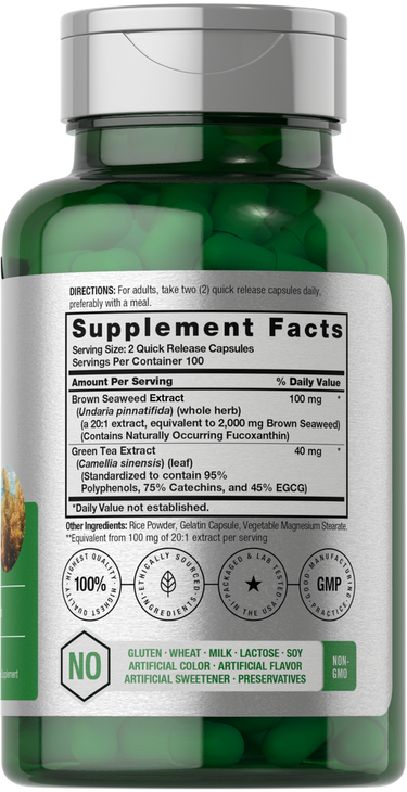 View 2 Green supplement bottle with label showing detailed ingredients and facts.