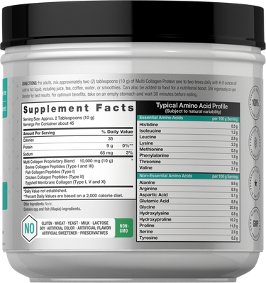Supplement container with detailed nutritional information and amino acid profile.