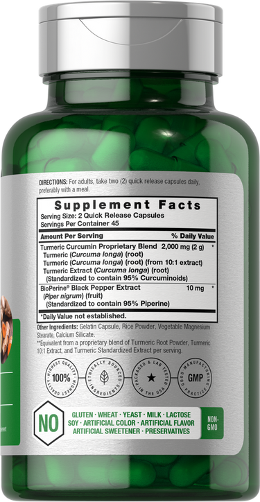 Green supplement bottle with label showing nutritional details.