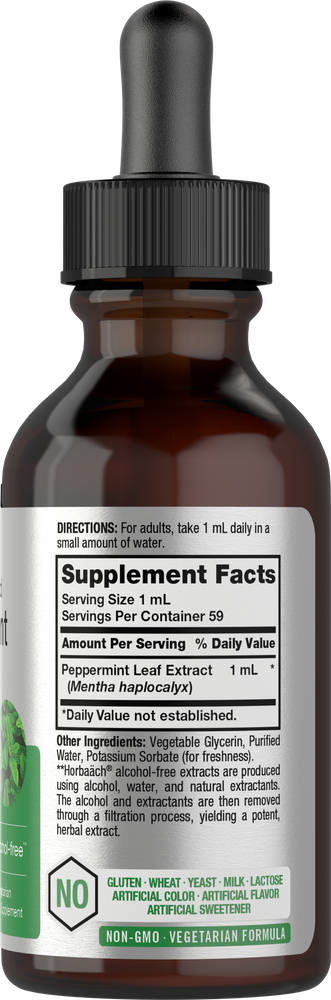 View 2 Supplement bottle with dropper labeled 'Peppermint Leaf Extract' on a white background