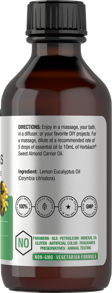 Bottle of lemon eucalyptus oil with label and black cap