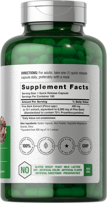 Green supplement bottle with label showing supplement facts and directions.