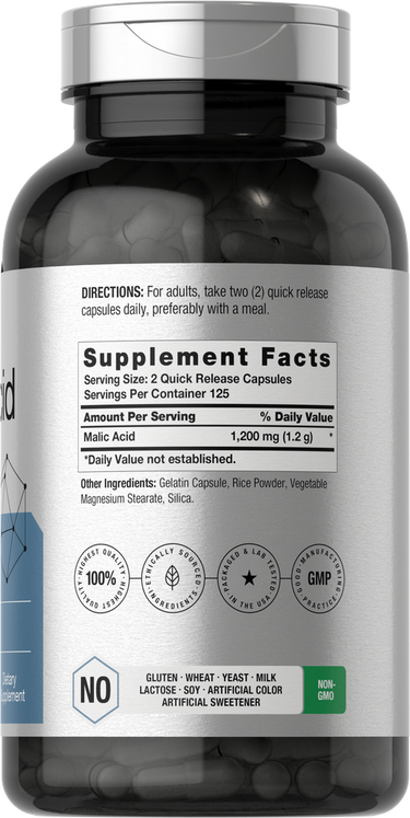 Supplement bottle with label showing details and logos.