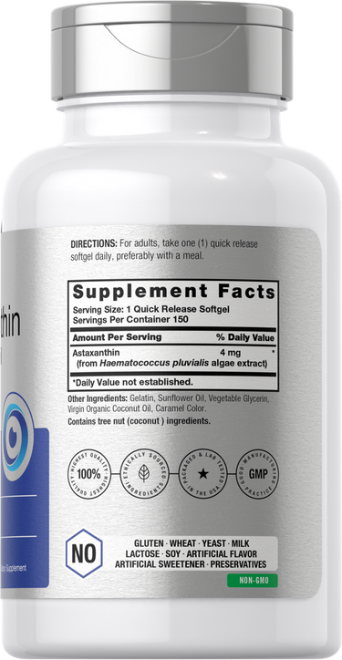 Supplement bottle with label showing supplement facts and icons on a white background