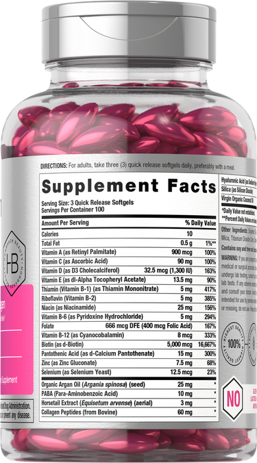 Supplement bottle with pink capsules and detailed label.