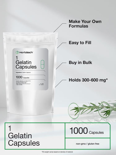 Bag of gelatin capsules with product features on a white background