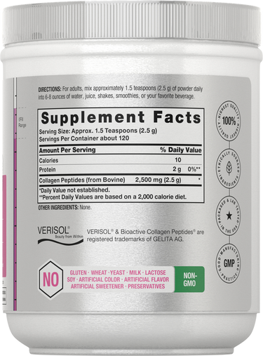 Supplement container with detailed label showing ingredients and facts.