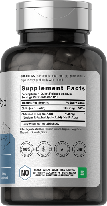 Supplement bottle with label showing 'Supplement Facts' and various icons on a white background