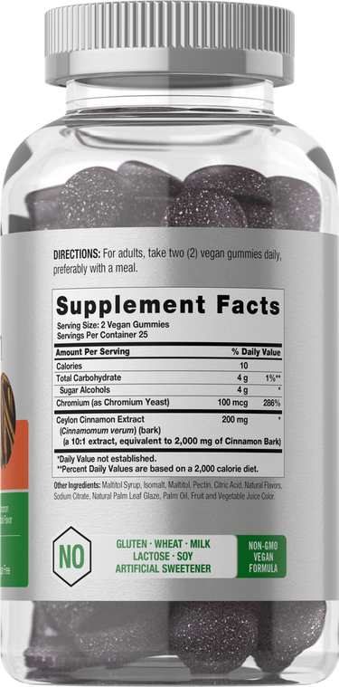 Supplement bottle with gummy vitamins and label details.