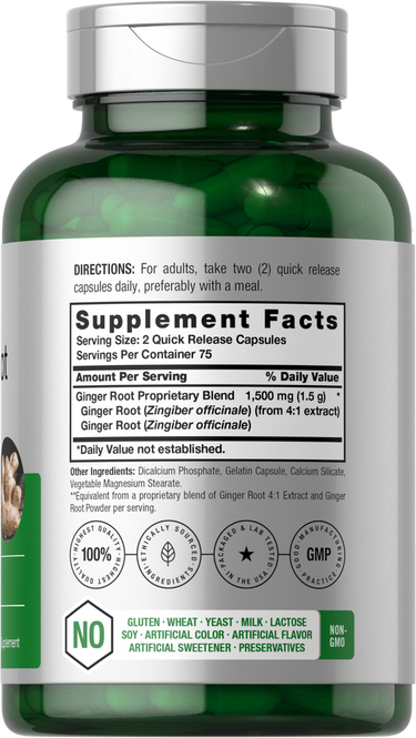 Green supplement bottle with label showing supplement facts and directions.