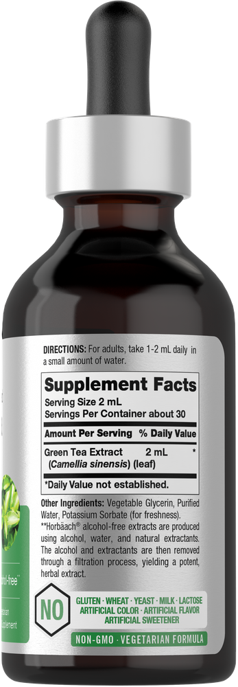 View 2 Supplement bottle with dropper labeled 'Green Tea Extract' on a black background