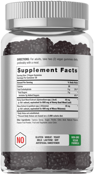 View 2 CL Horbaach Horny Goat Weed: 60 vegan gummies, non-GMO, no artificial sweeteners, gluten, wheat, yeast, milk, lactose, soy.