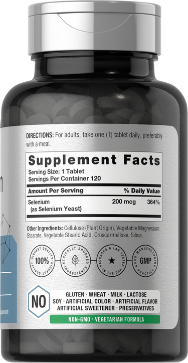Supplement bottle with label showing details and icons.