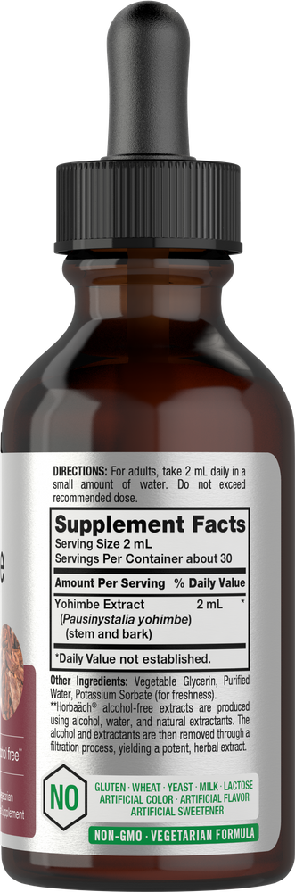 Supplement bottle with dropper labeled 'Yohimbe Extract' on a white background