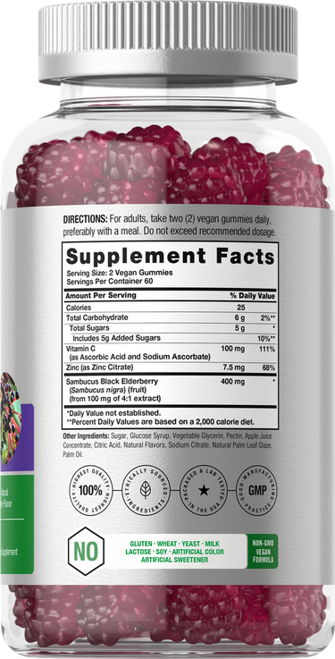 Supplement bottle with pink gummies and label details.