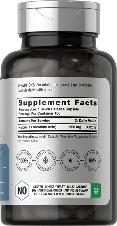 Supplement bottle with label showing facts and logos