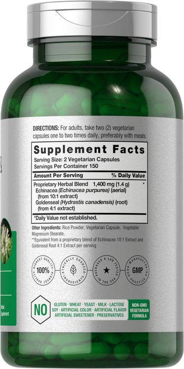 View 2 Green supplement bottle with label showing details and directions.