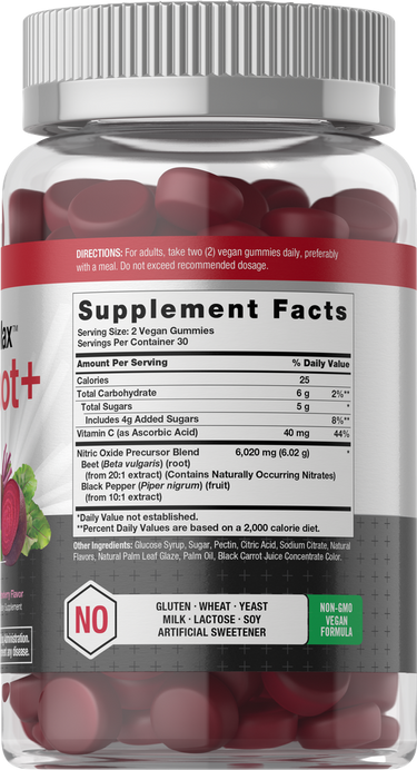 Supplement bottle with red gummies and label