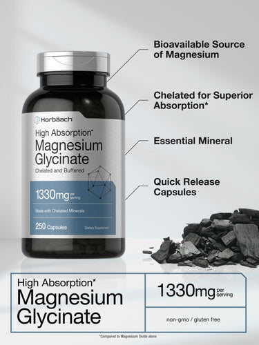 View 3 Bottle of High Absorption Magnesium Glycinate with text highlighting its features on a gray background